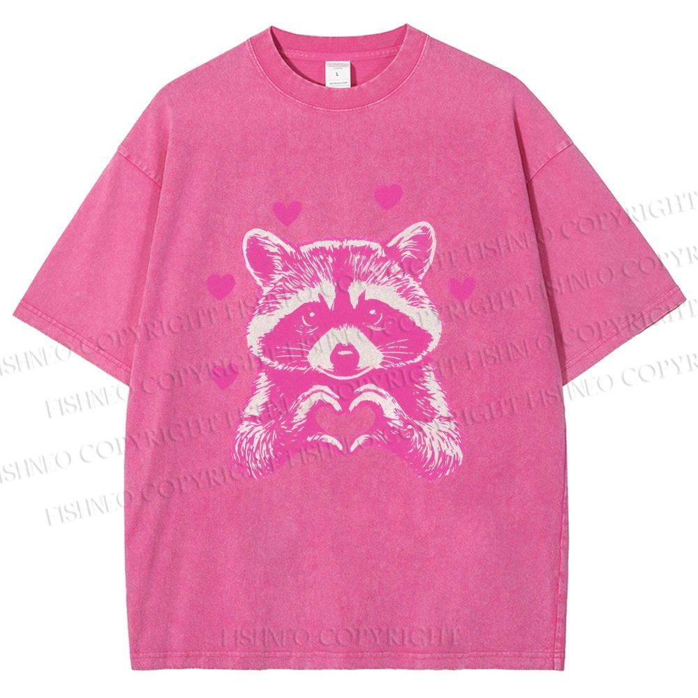 Unisex Heart-Making Raccoon Printed Washed Tee