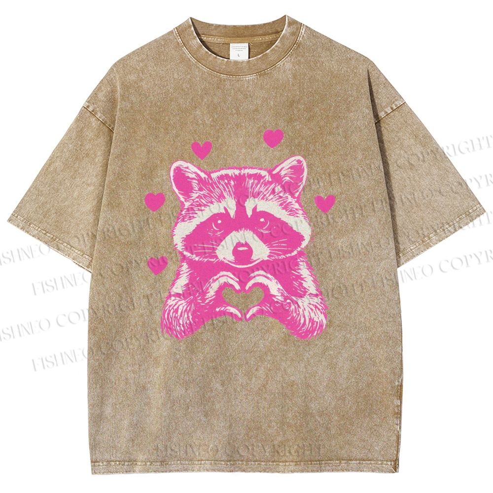 Unisex Heart-Making Raccoon Printed Washed Tee