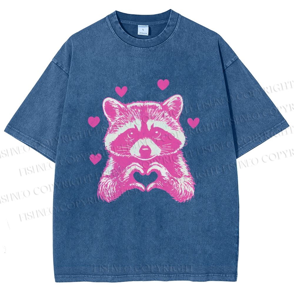 Unisex Heart-Making Raccoon Printed Washed Tee