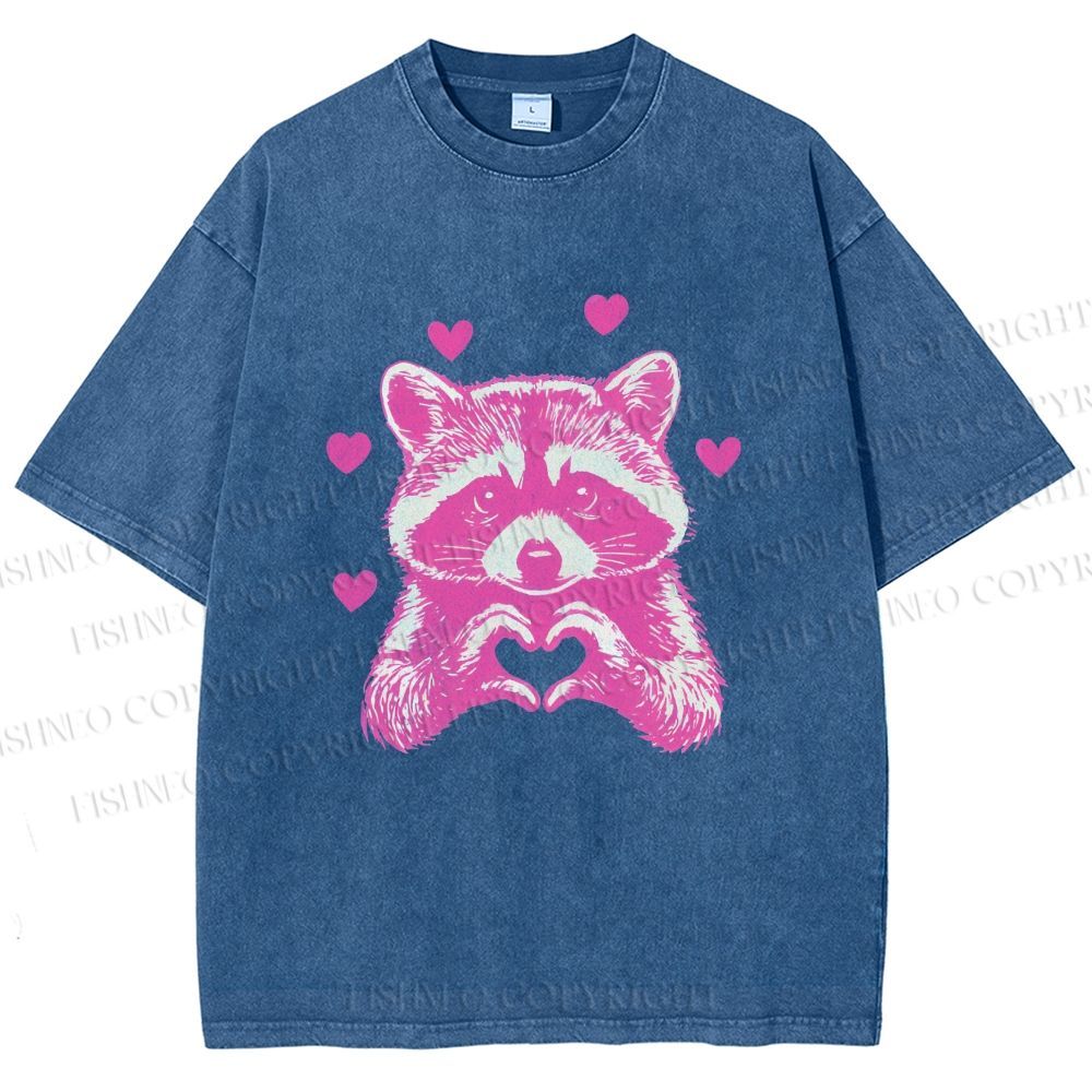 Unisex Heart-Making Raccoon Printed Washed Tee
