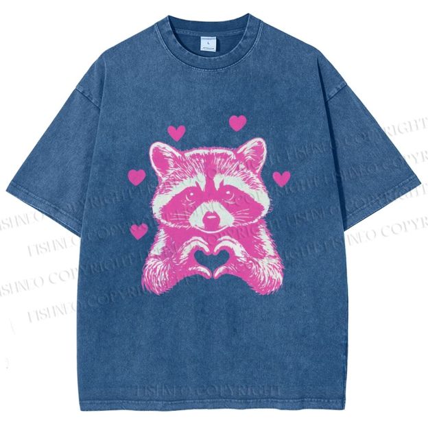 Unisex Heart-Making Raccoon Printed Washed Tee