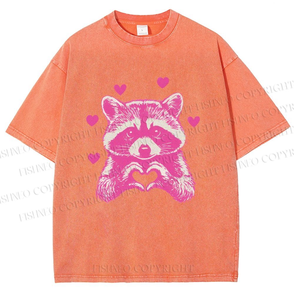 Unisex Heart-Making Raccoon Printed Washed Tee