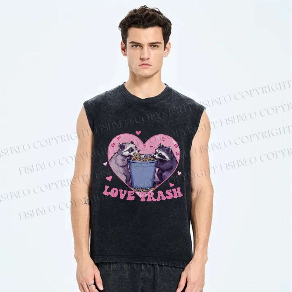 Unisex Raccoon's Trashy Love Printed Washed Tank Top