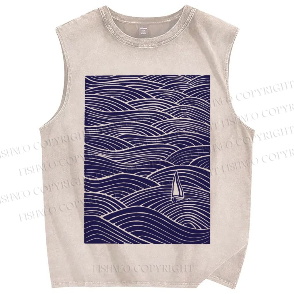 Unisex Lonely ship in Sea Wave Printed Washed Tank Top