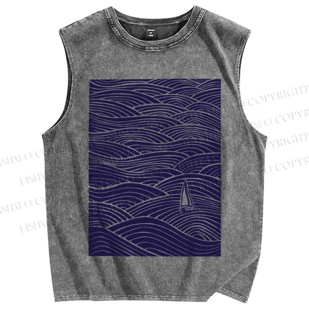 Unisex Lonely ship in Sea Wave Printed Washed Tank Top