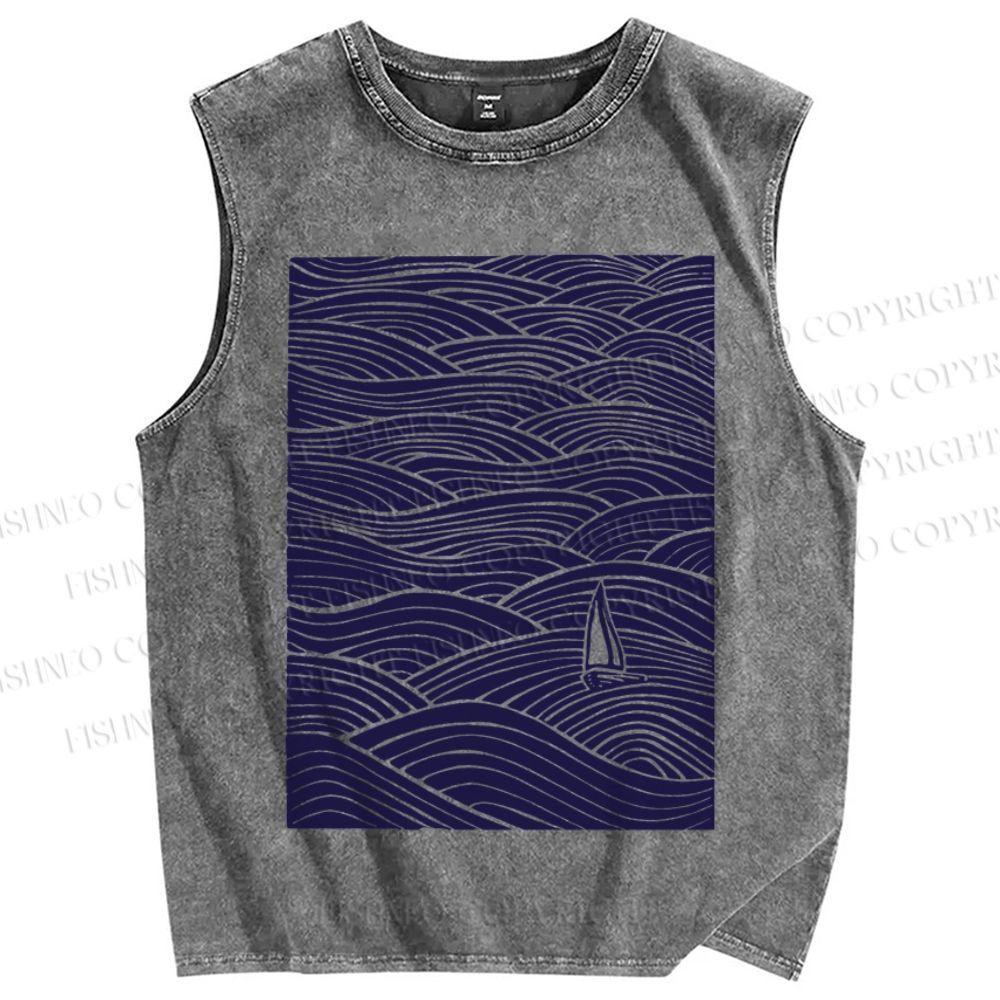 Unisex Lonely ship in Sea Wave Printed Washed Tank Top