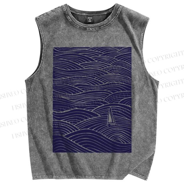 Unisex Lonely ship in Sea Wave Printed Washed Tank Top