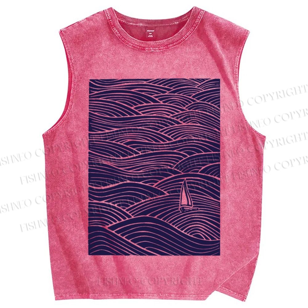 Unisex Lonely ship in Sea Wave Printed Washed Tank Top