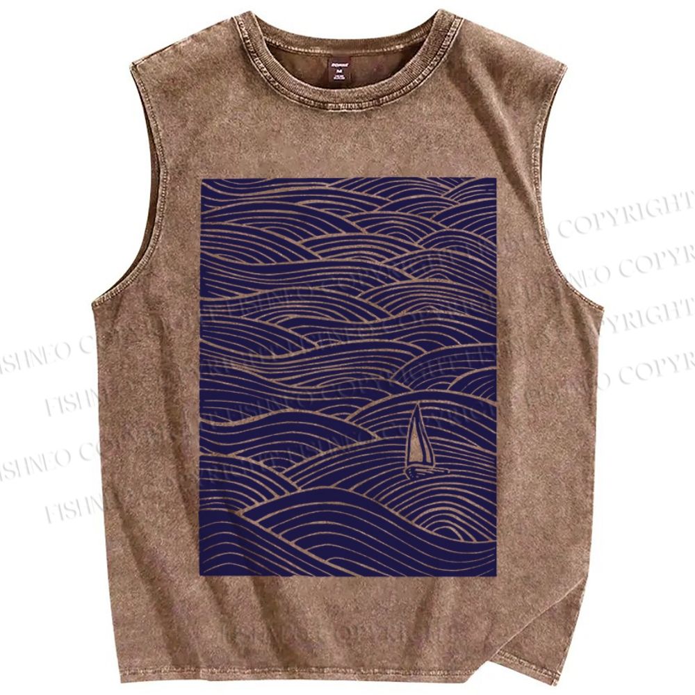 Unisex Lonely ship in Sea Wave Printed Washed Tank Top