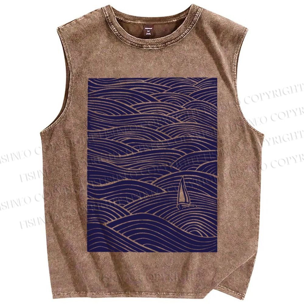 Unisex Lonely ship in Sea Wave Printed Washed Tank Top