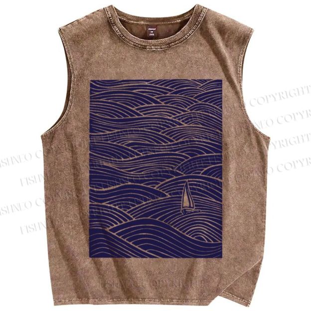 Unisex Lonely ship in Sea Wave Printed Washed Tank Top
