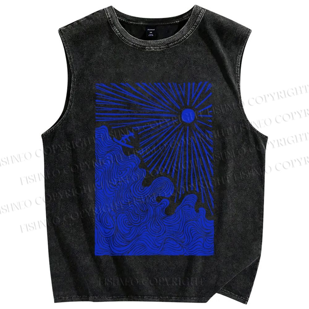 Unisex Surf the Sea Wave Printed Washed Tank Top