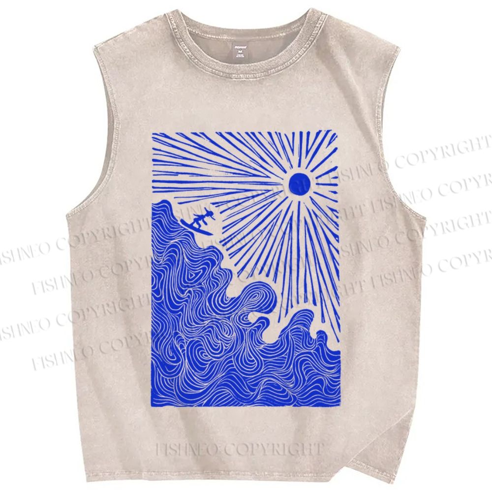 Unisex Surf the Sea Wave Printed Washed Tank Top