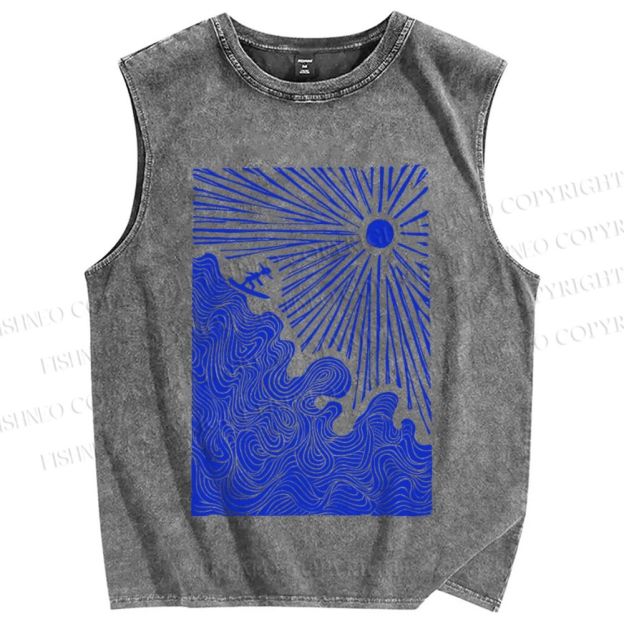 Unisex Surf the Sea Wave Printed Washed Tank Top