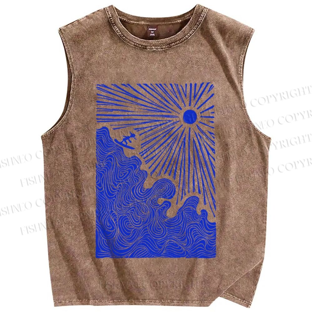 Unisex Surf the Sea Wave Printed Washed Tank Top