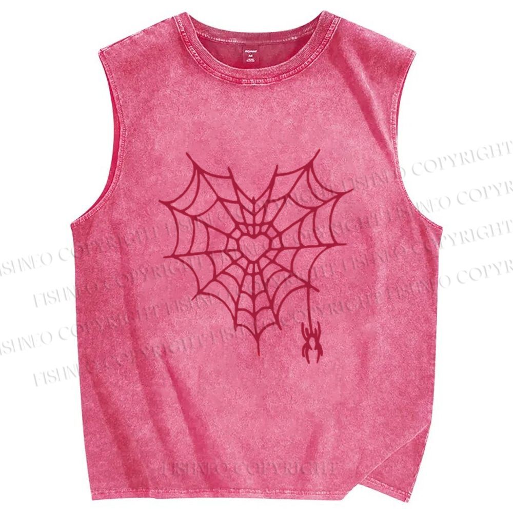 Unisex Heart Spiderweb Printed Washed Tank Top