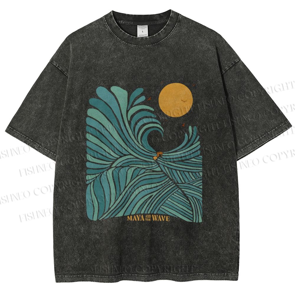 Unisex Blue Green Wave Printed Washed Tee