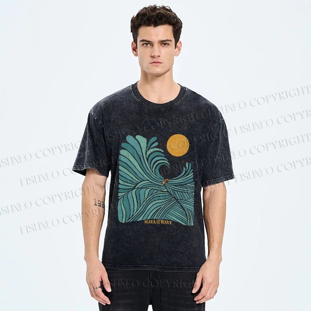 Unisex Blue Green Wave Printed Washed Tee