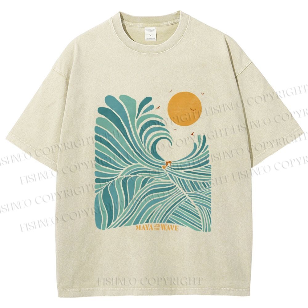Unisex Blue Green Wave Printed Washed Tee