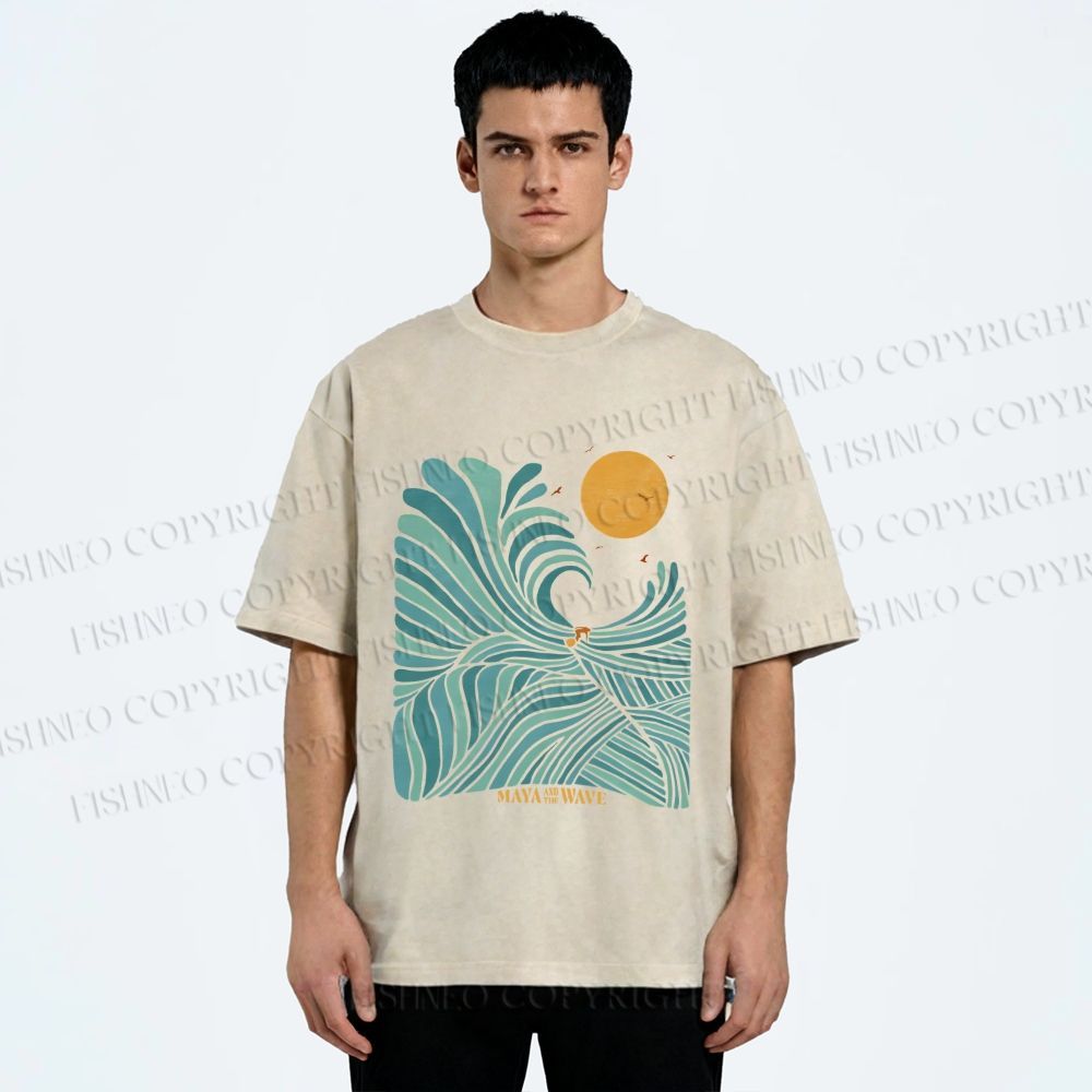 Unisex Blue Green Wave Printed Washed Tee