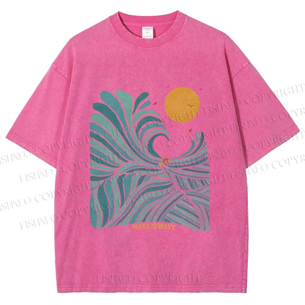 Unisex Blue Green Wave Printed Washed Tee