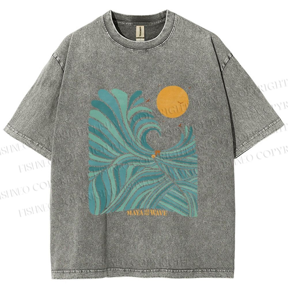 Unisex Blue Green Wave Printed Washed Tee