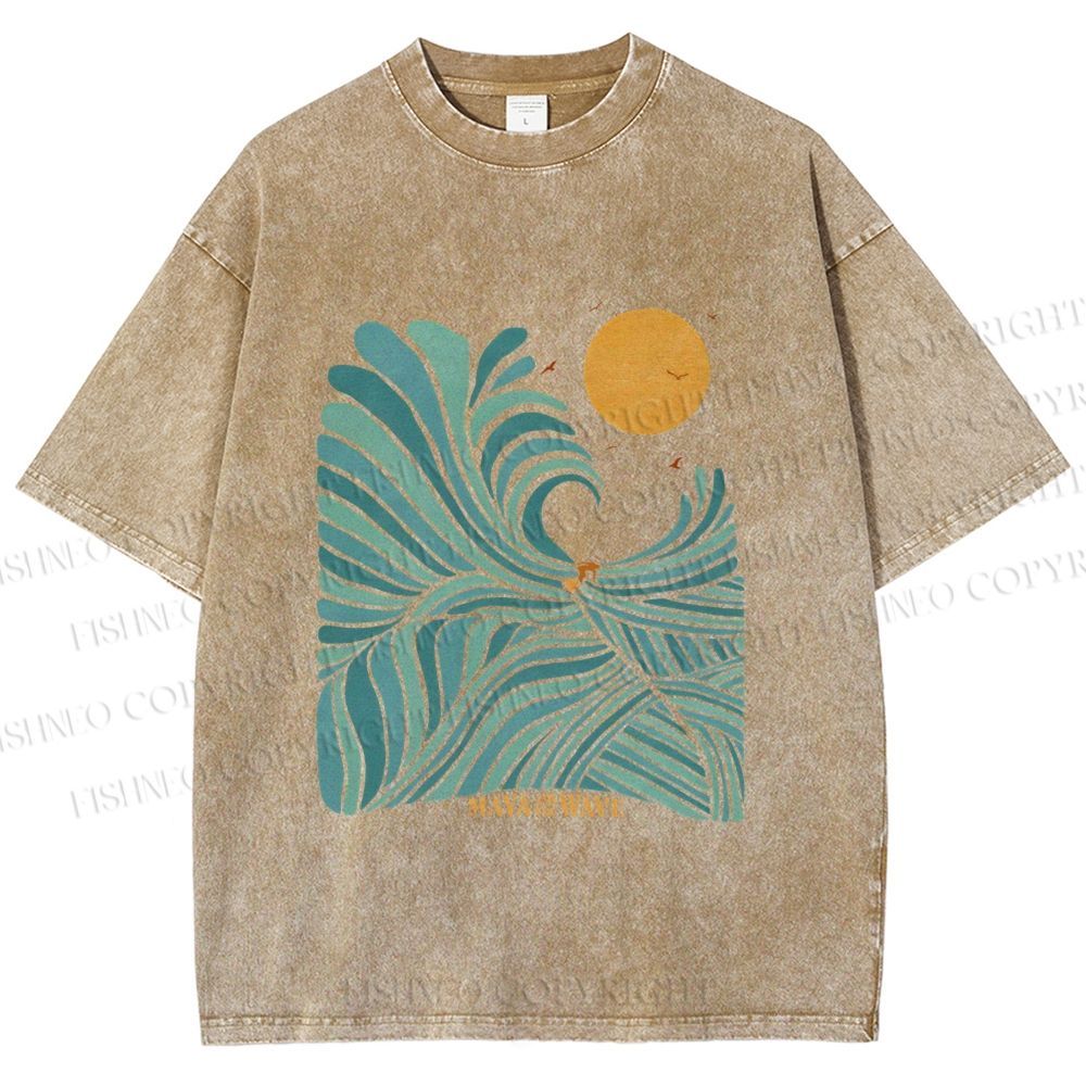 Unisex Blue Green Wave Printed Washed Tee