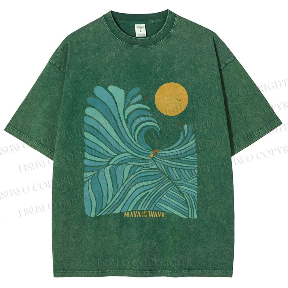 Unisex Blue Green Wave Printed Washed Tee