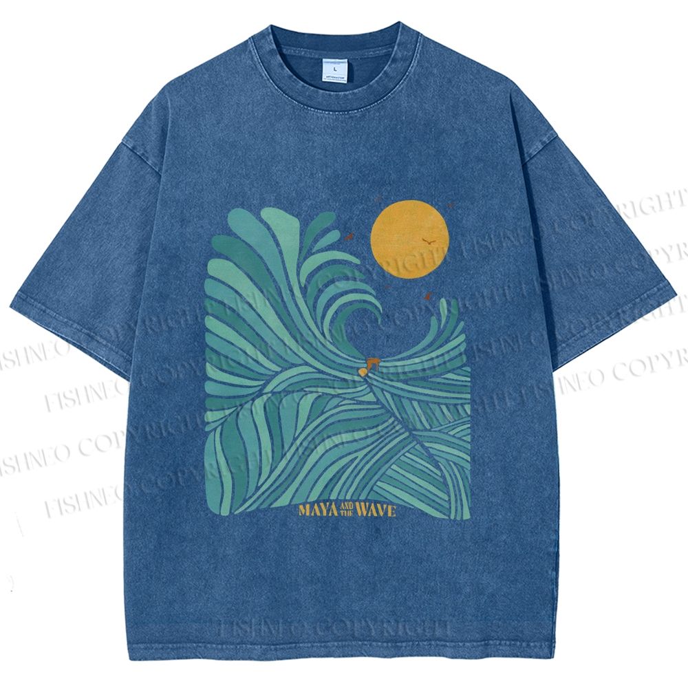 Unisex Blue Green Wave Printed Washed Tee