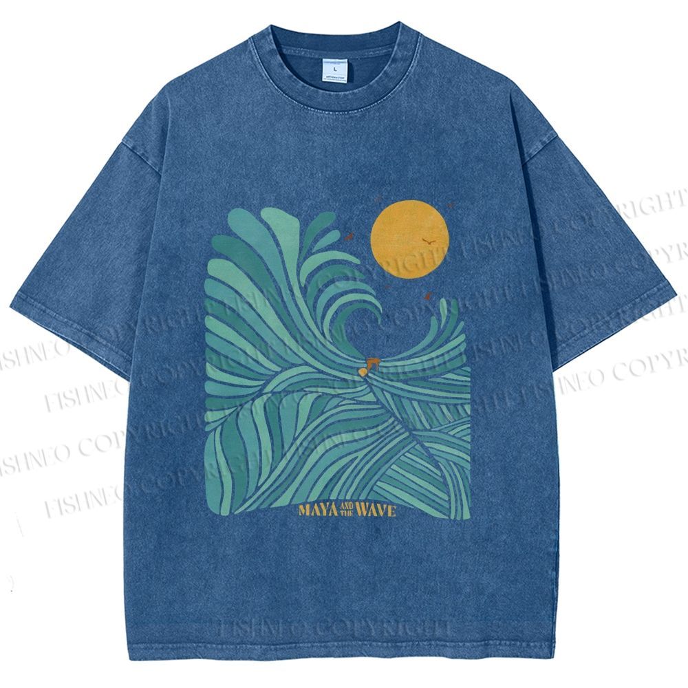 Unisex Blue Green Wave Printed Washed Tee