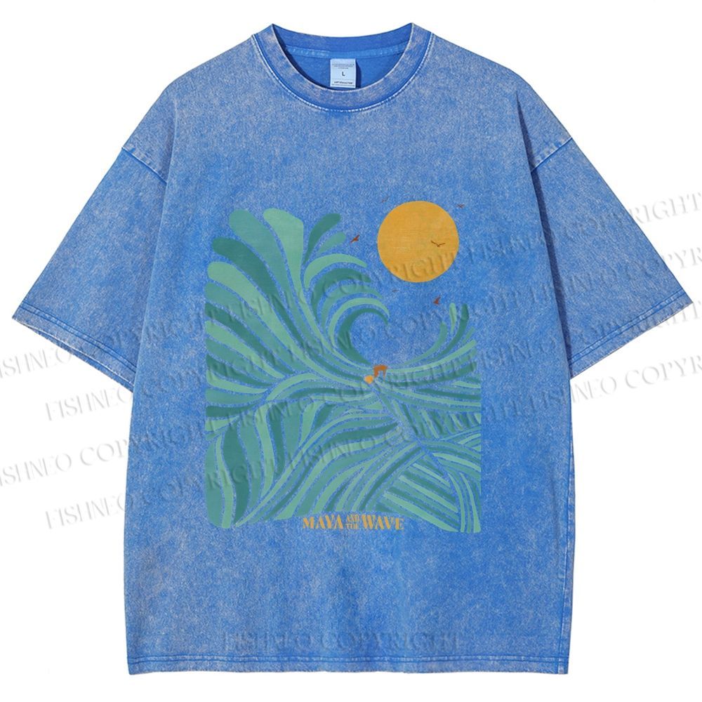 Unisex Blue Green Wave Printed Washed Tee