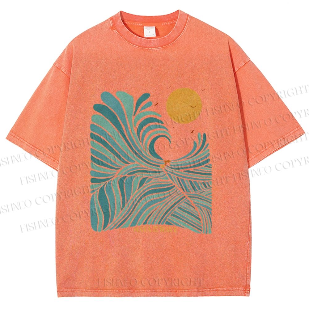 Unisex Blue Green Wave Printed Washed Tee