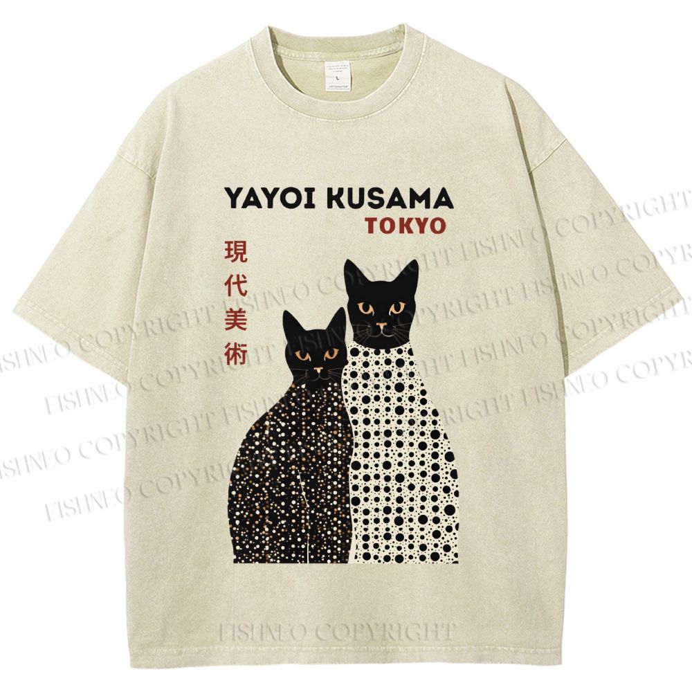Unisex Yayoi Kusama Black Cats Printed Washed Tee