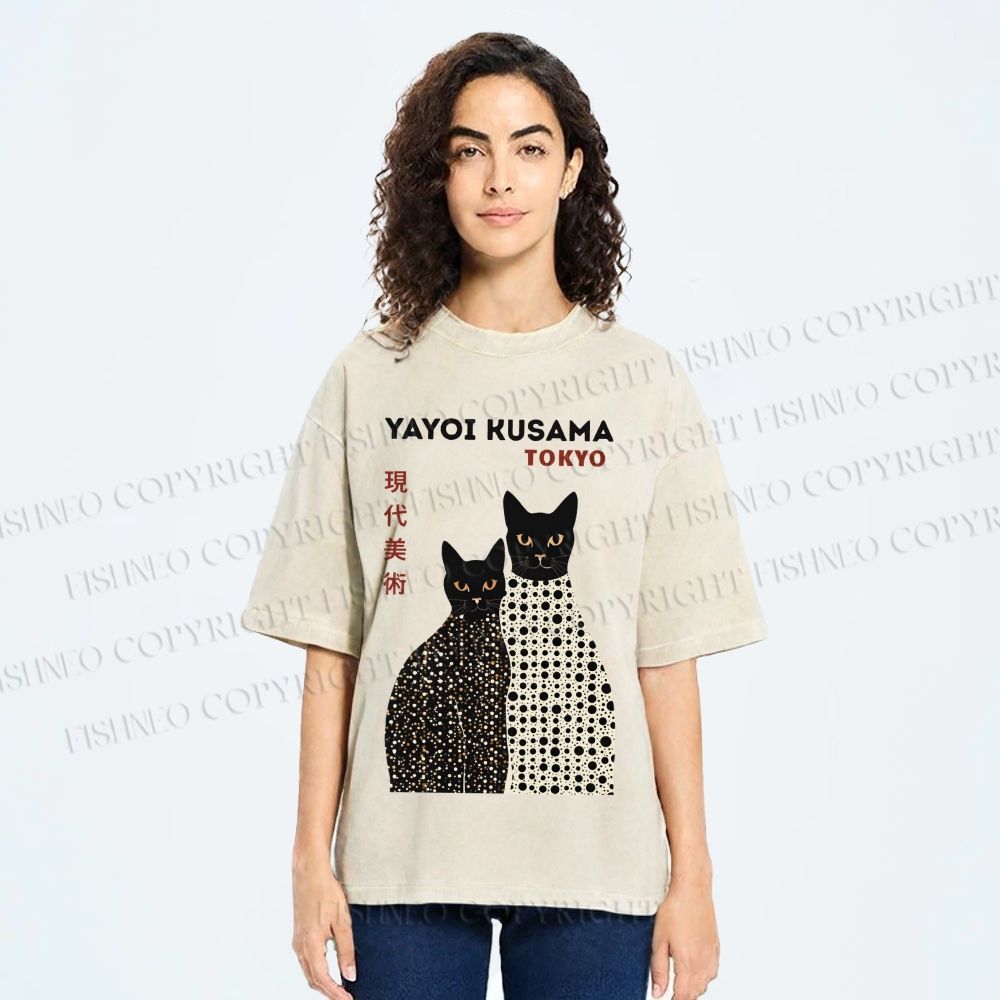 Unisex Yayoi Kusama Black Cats Printed Washed Tee