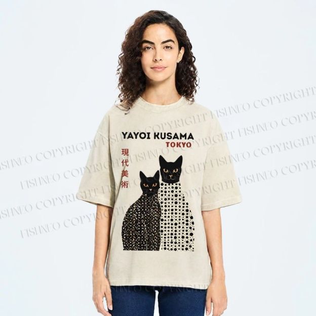 Unisex Yayoi Kusama Black Cats Printed Washed Tee