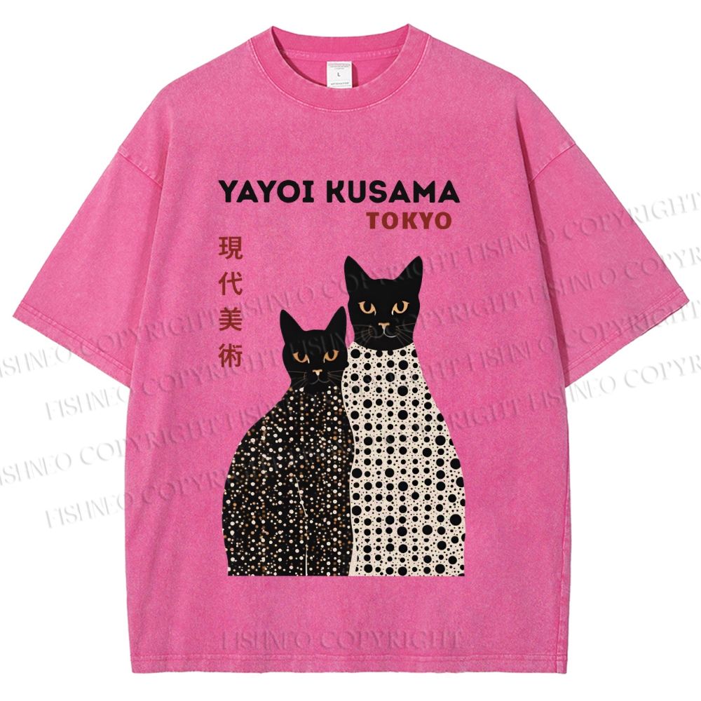 Unisex Yayoi Kusama Black Cats Printed Washed Tee