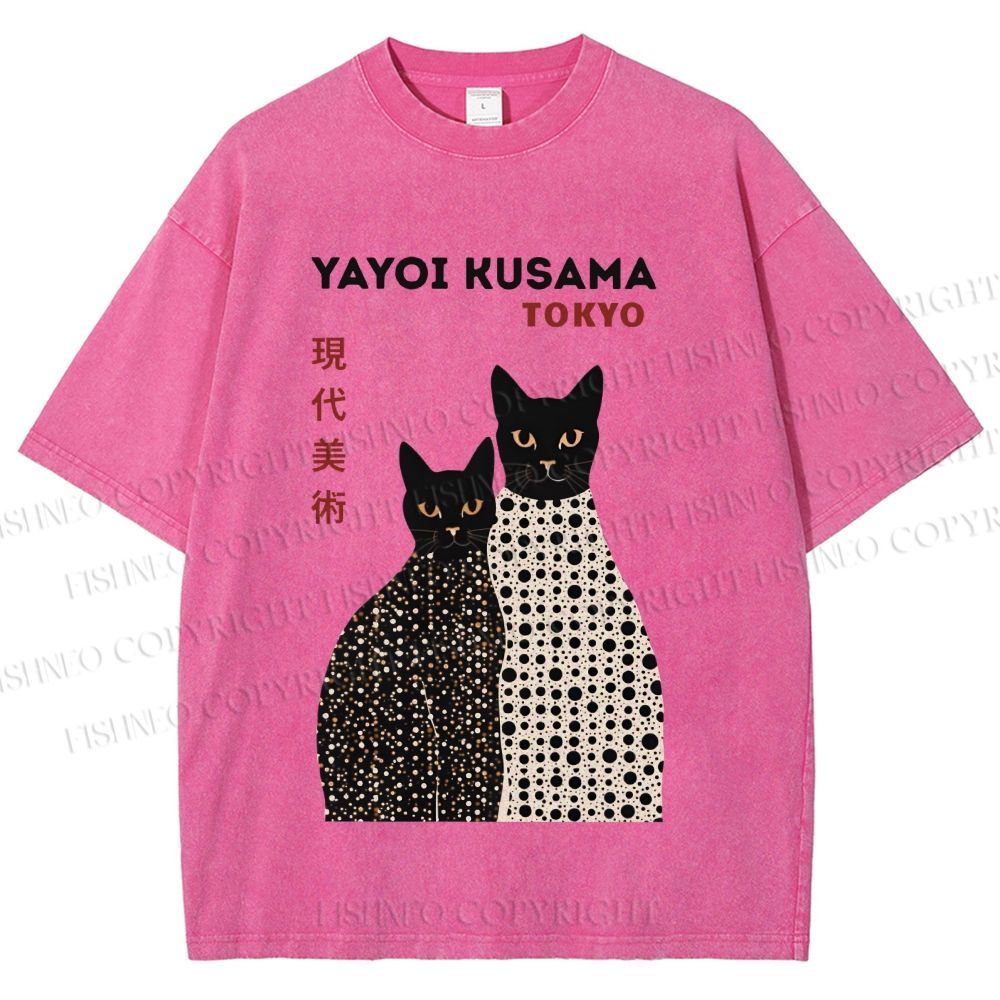Unisex Yayoi Kusama Black Cats Printed Washed Tee