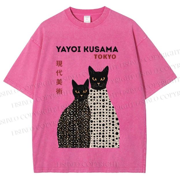 Unisex Yayoi Kusama Black Cats Printed Washed Tee