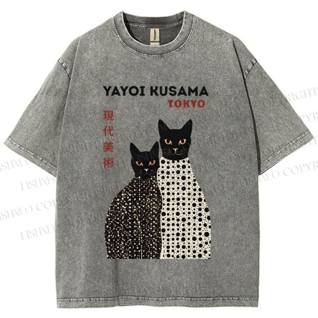 Unisex Yayoi Kusama Black Cats Printed Washed Tee