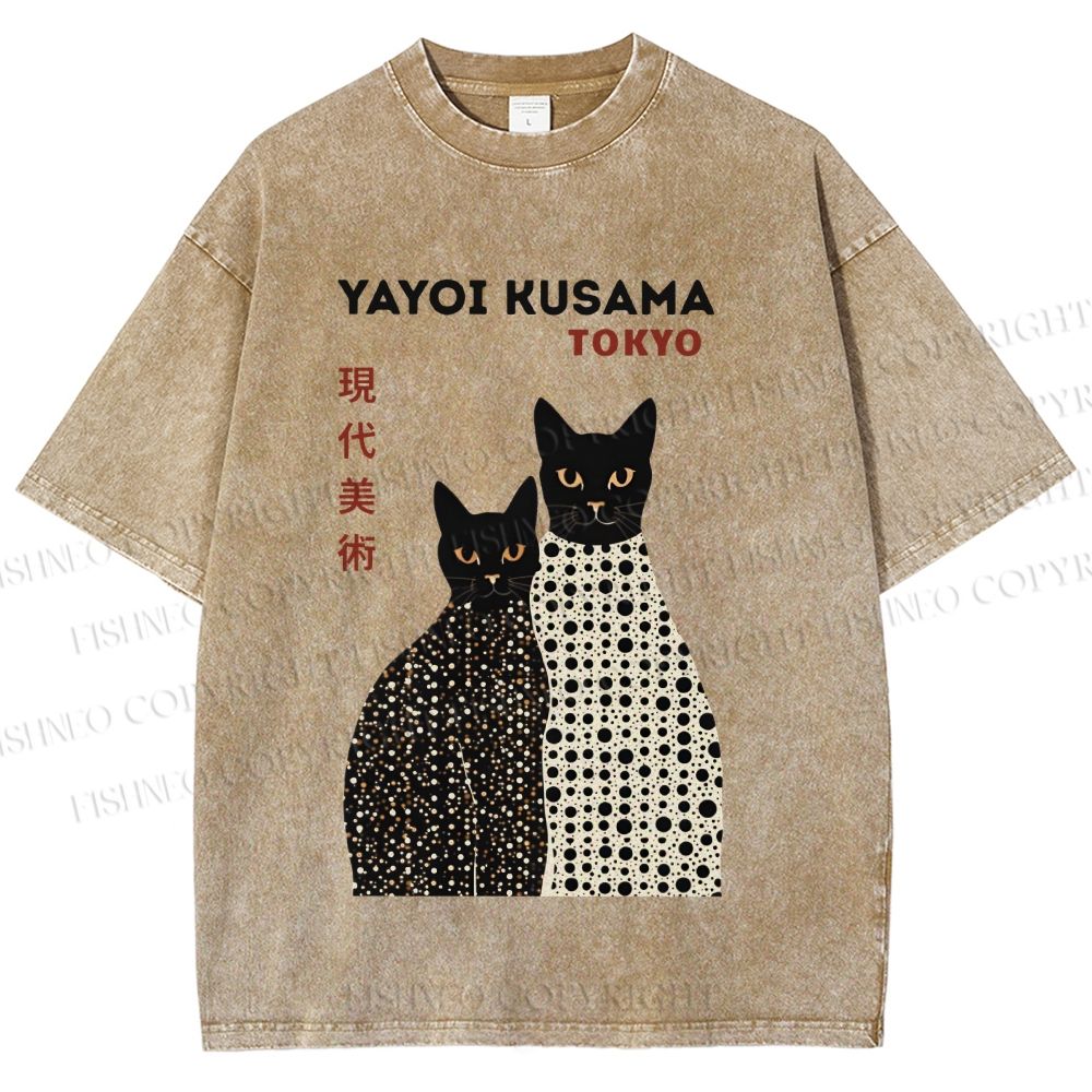 Unisex Yayoi Kusama Black Cats Printed Washed Tee