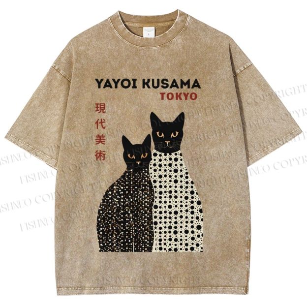Unisex Yayoi Kusama Black Cats Printed Washed Tee