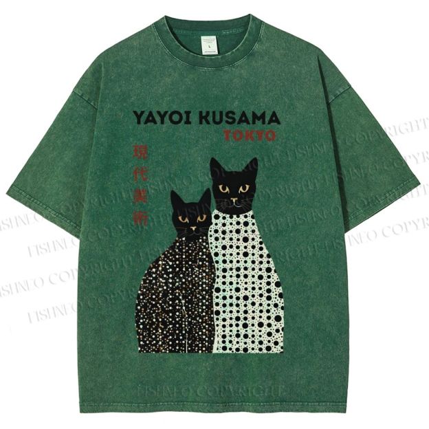 Unisex Yayoi Kusama Black Cats Printed Washed Tee