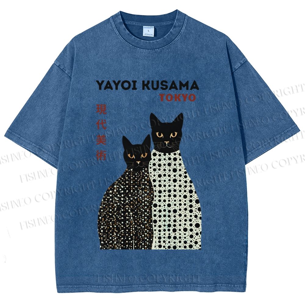 Unisex Yayoi Kusama Black Cats Printed Washed Tee
