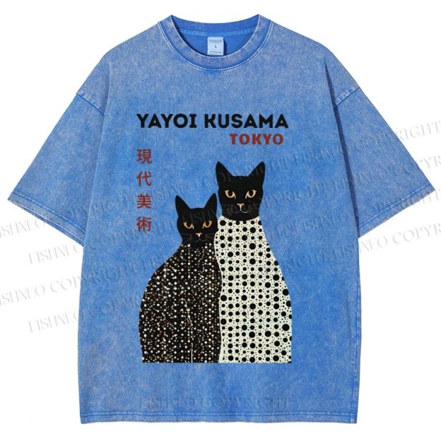 Unisex Yayoi Kusama Black Cats Printed Washed Tee
