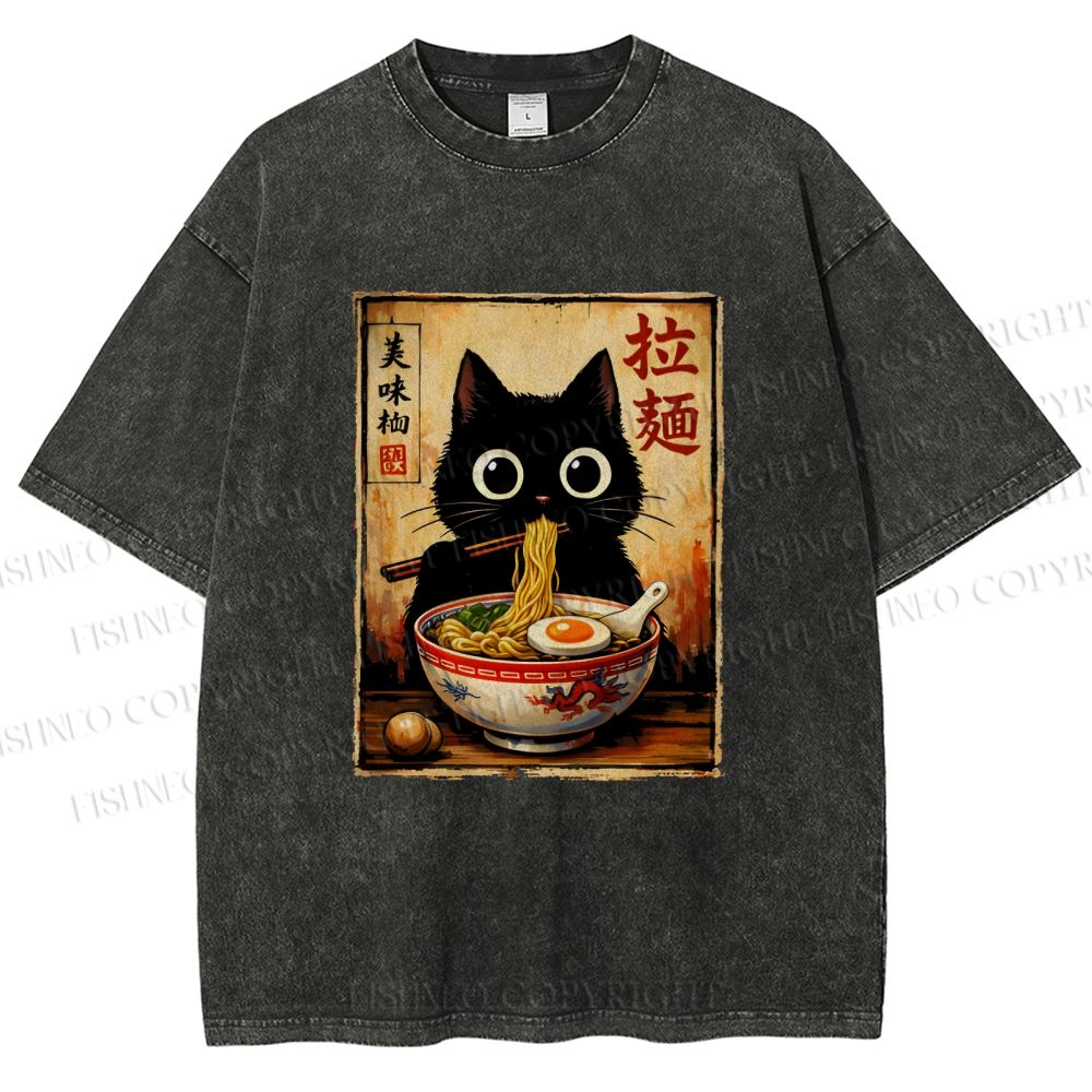 Unisex Kawaii Ramen Cat Printed Washed Tee
