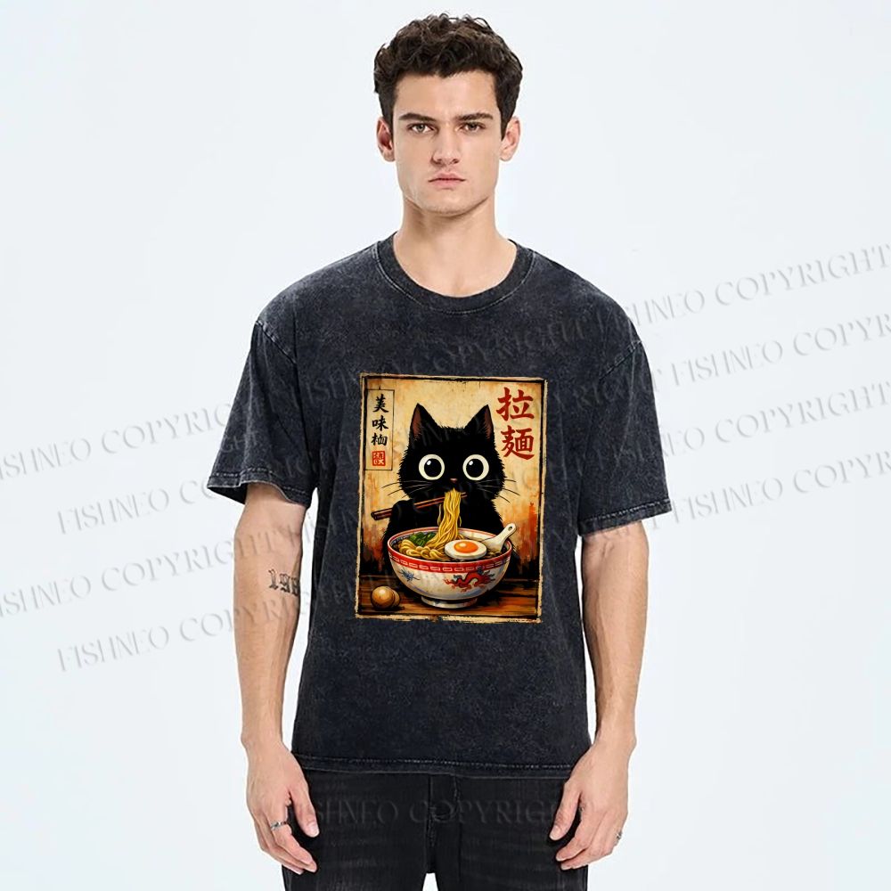 Unisex Kawaii Ramen Cat Printed Washed Tee