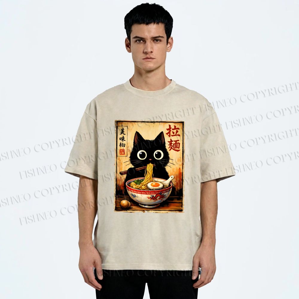 Unisex Kawaii Ramen Cat Printed Washed Tee