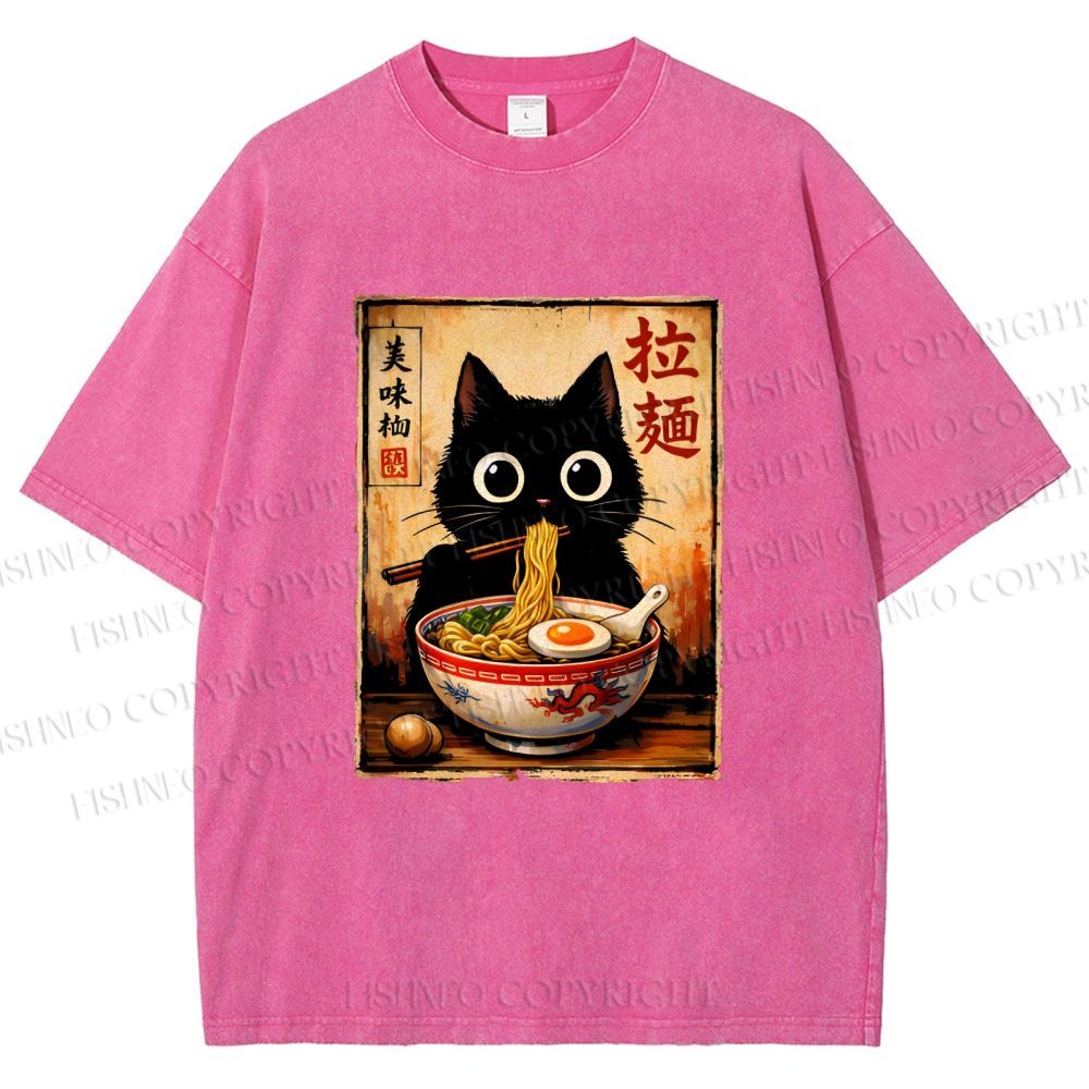Unisex Kawaii Ramen Cat Printed Washed Tee
