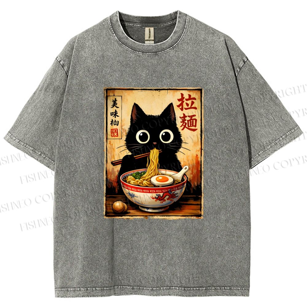 Unisex Kawaii Ramen Cat Printed Washed Tee