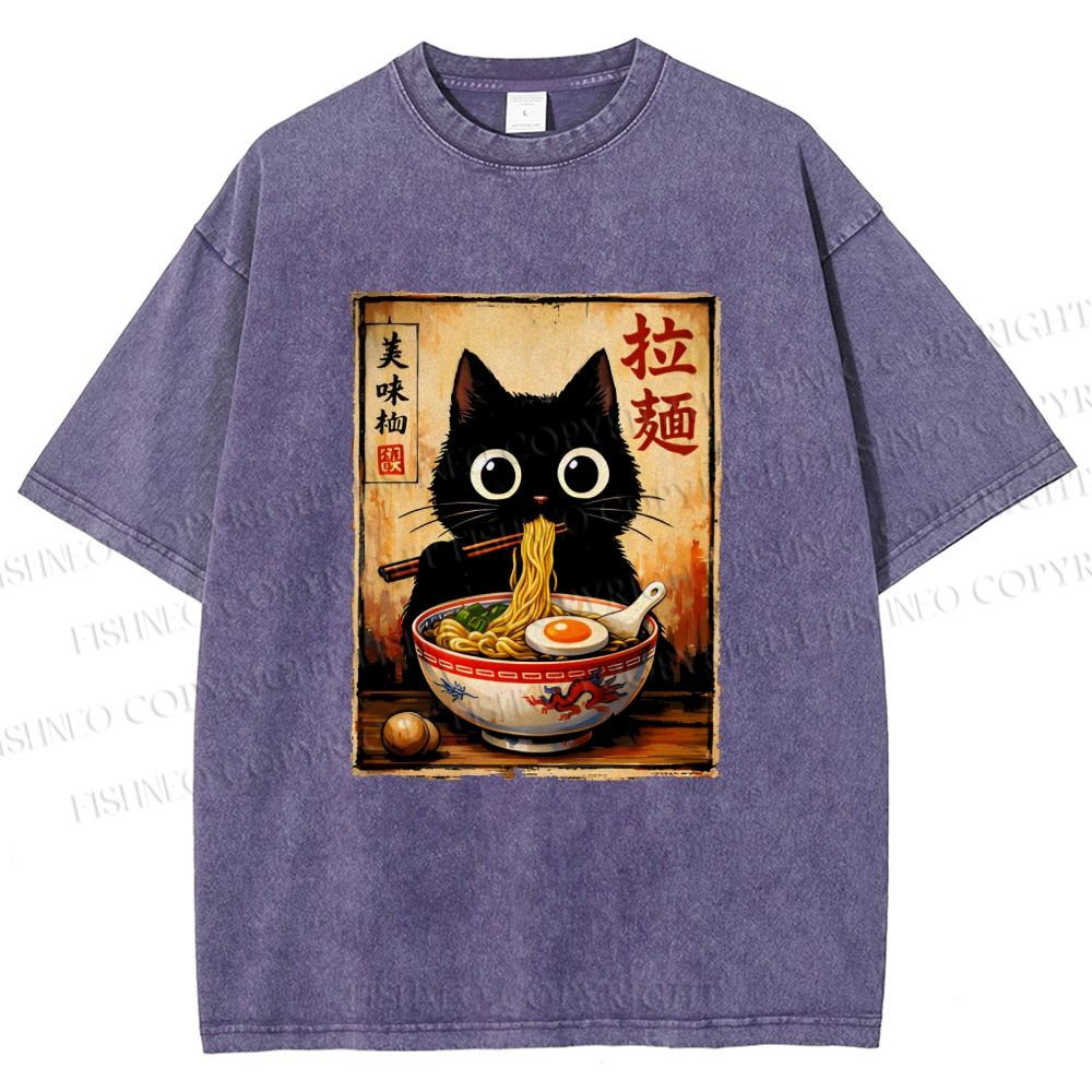 Unisex Kawaii Ramen Cat Printed Washed Tee